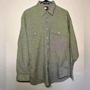 Tommy Hilfiger Vintage Lion Crest Logo Plaid Black Tan Long Sleeve Dress Shirt L